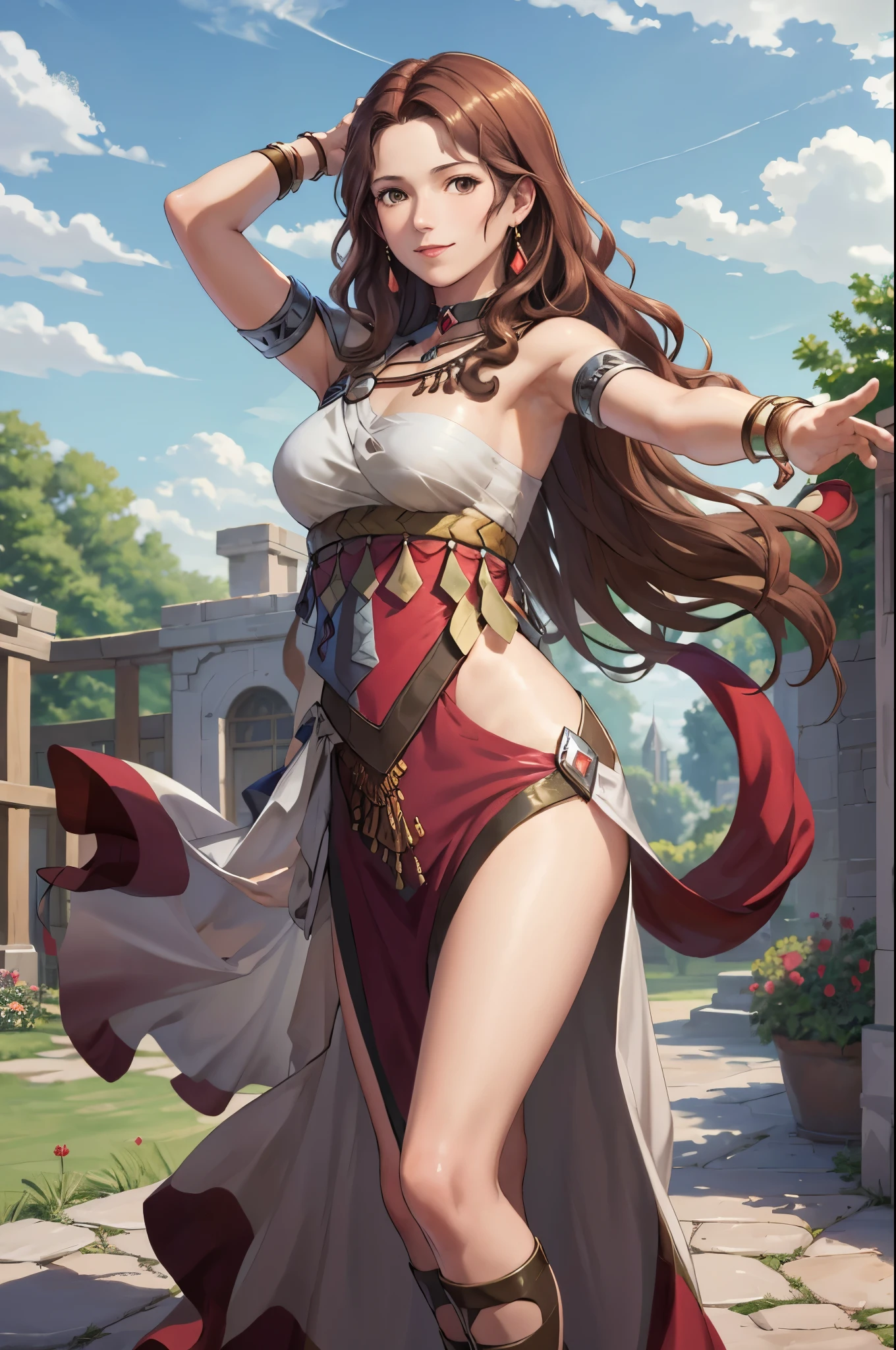 masterpiece, best quality, Dorothea Arnault, dorothea (timeskip), brown hair, large breasts, red danceroutfit, looking at viewer, smile, sky, clouds, garden, cowboy shot, long hair,