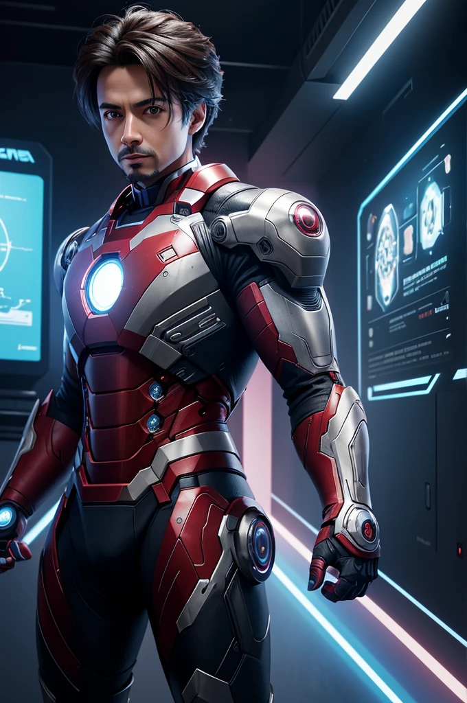 Create a futuristic representation of Playground.AI in the style of a gamer. The character should have a high-tech look, with futuristic armor and technological accessories. Man in Iron-Man-style armor. His eyes could glow with cybernetic light, and he could be holding a holographic device or futuristic joystick in his hands. The background should be a virtual 3D environment, with video game elements and digital interfaces. The image should evoke the idea of a playful mind evolving in an advanced technological virtual world.
