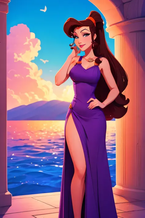1 girl brunette Megara, wearing long purple greek dress, disney animation style, best quality, digital art, in greek paradise surrounded by orange clouds