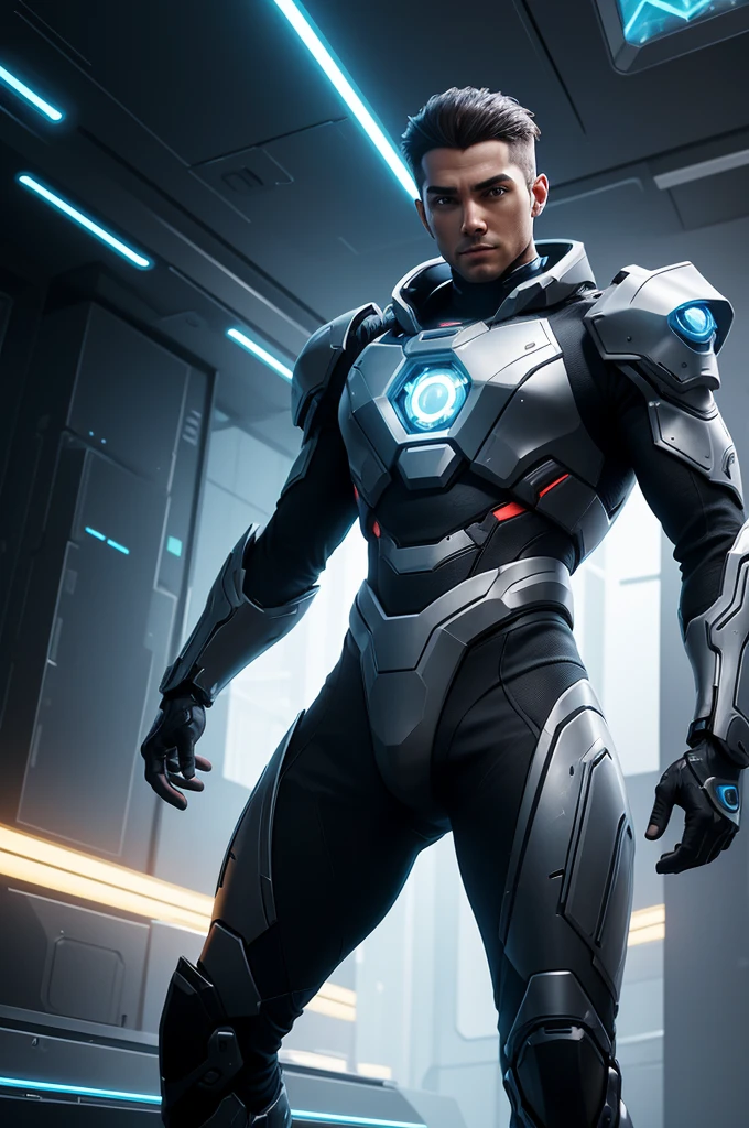Create a futuristic representation of Playground.AI in the style of a gamer. The character should have a high-tech look, with futuristic armor and technological accessories. Man in armor, head of a handsome man. His eyes could glow with cybernetic light, and he could be holding a holographic device or futuristic joystick in his hands. The background should be a virtual 3D environment, with video game elements and digital interfaces. The image should evoke the idea of a playful mind evolving in an advanced technological virtual world.

