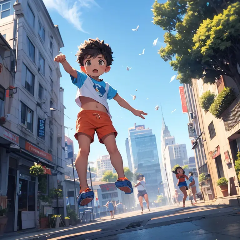 4k), small male child wearing orange shorts and a falling sweatshirt, is jumping from one building to another that covered with ...