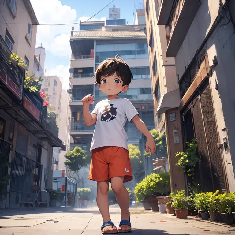 4k), small male child in orange shorts with a huge bulge in the middle and a sweatshirt that falls off, is jumping from one buil...