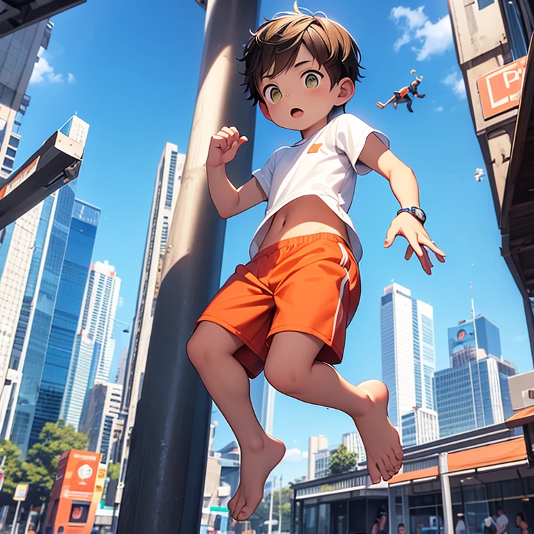 4k), Un niño pequeño con pantalones cortos de color naranja y una sudadera que cae, está saltando de un edificio a otro, sin camiseta y sin zapatos, Impresionismo, 2D, (Espinas: 1.1), (árbol muerto: 1.1) 