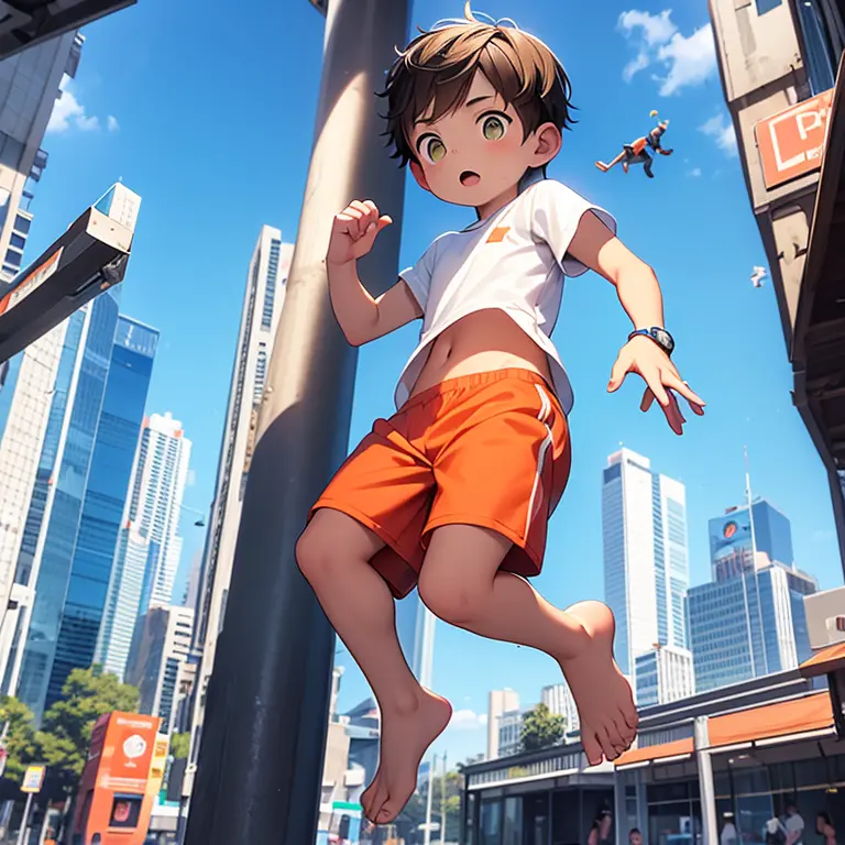 4k), small male child wearing orange shorts and a falling sweatshirt, is jumping from one building to another, sin camiseta y si...