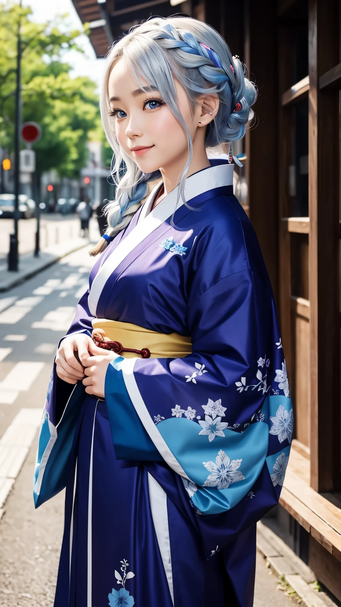 Ma jolie petite amie est mannequin de kimono.、yeux bleus、Beau sourire、il est petit、Tresse aux cheveux argentés、ornements de cheveux、Kimono coloré et flashy、