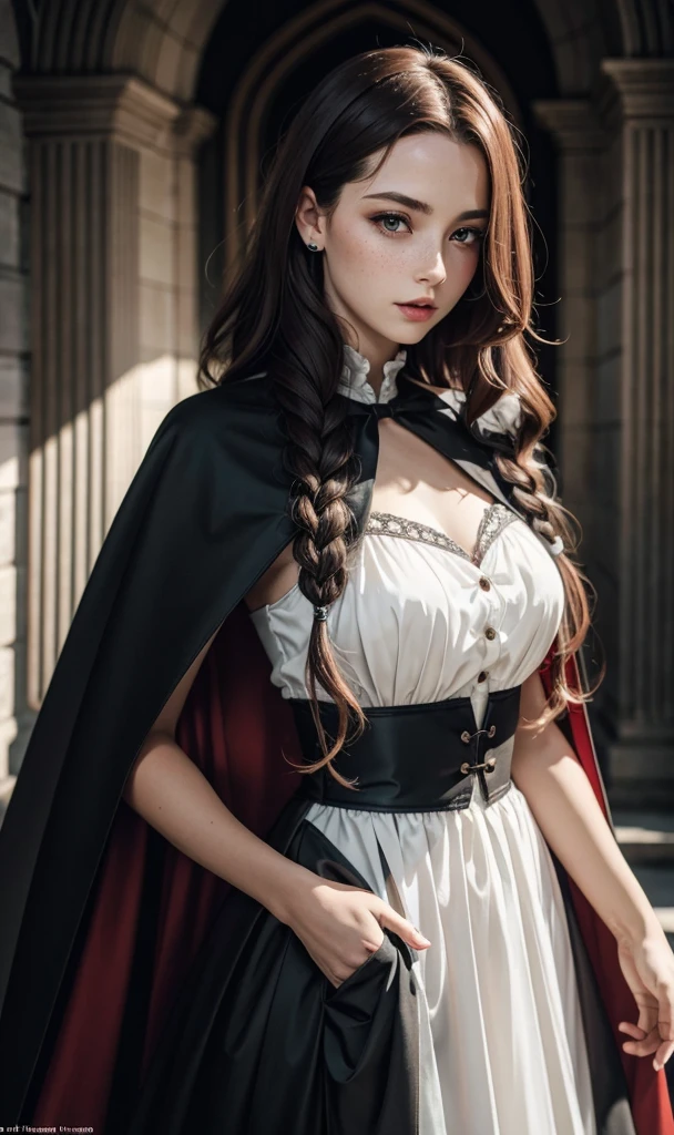 шедевр, детальное искусство, a beautiful женщина-вампир with long red wavy hair, зеленые глаза, веснушка, белое лицо, , детская талия, Оденьтесь в элегантную готическую одежду, подходящую для древнего вампира,  женщина-вампир, Голландский Кейп