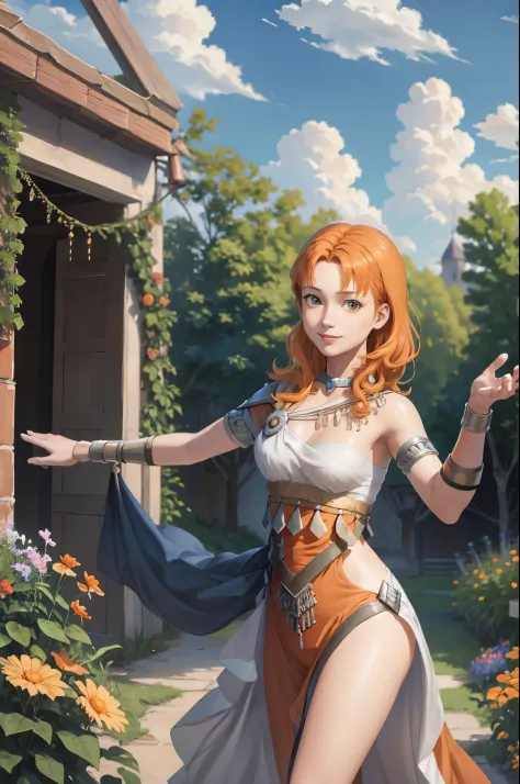 masterpiece, best quality, Annette Fantine Dominic, annette_war, orange hair, small breasts, orange danceroutfit, looking at vie...