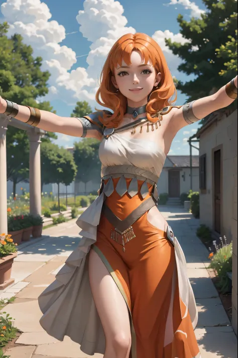 masterpiece, best quality, annette fantine dominic, annette_war, orange hair, small breasts, orange danceroutfit, looking at vie...