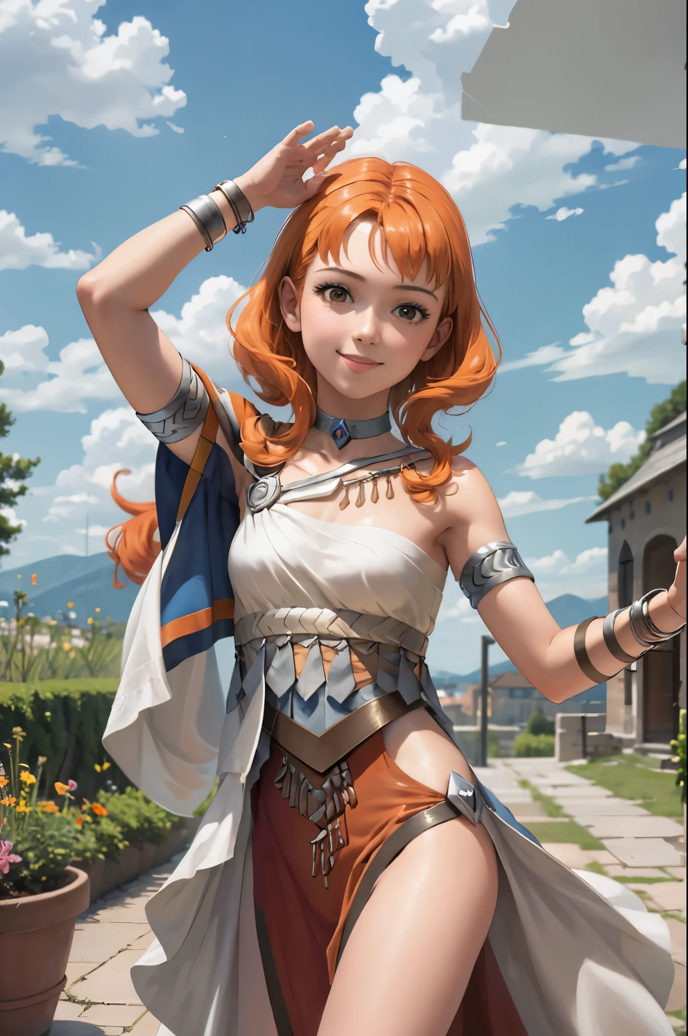 masterpiece, best quality, Annette Fantine Dominic, annette_war, orange hair, small breasts, orange danceroutfit, looking at viewer, smile, sky, clouds, garden, cowboy shot, long hair,