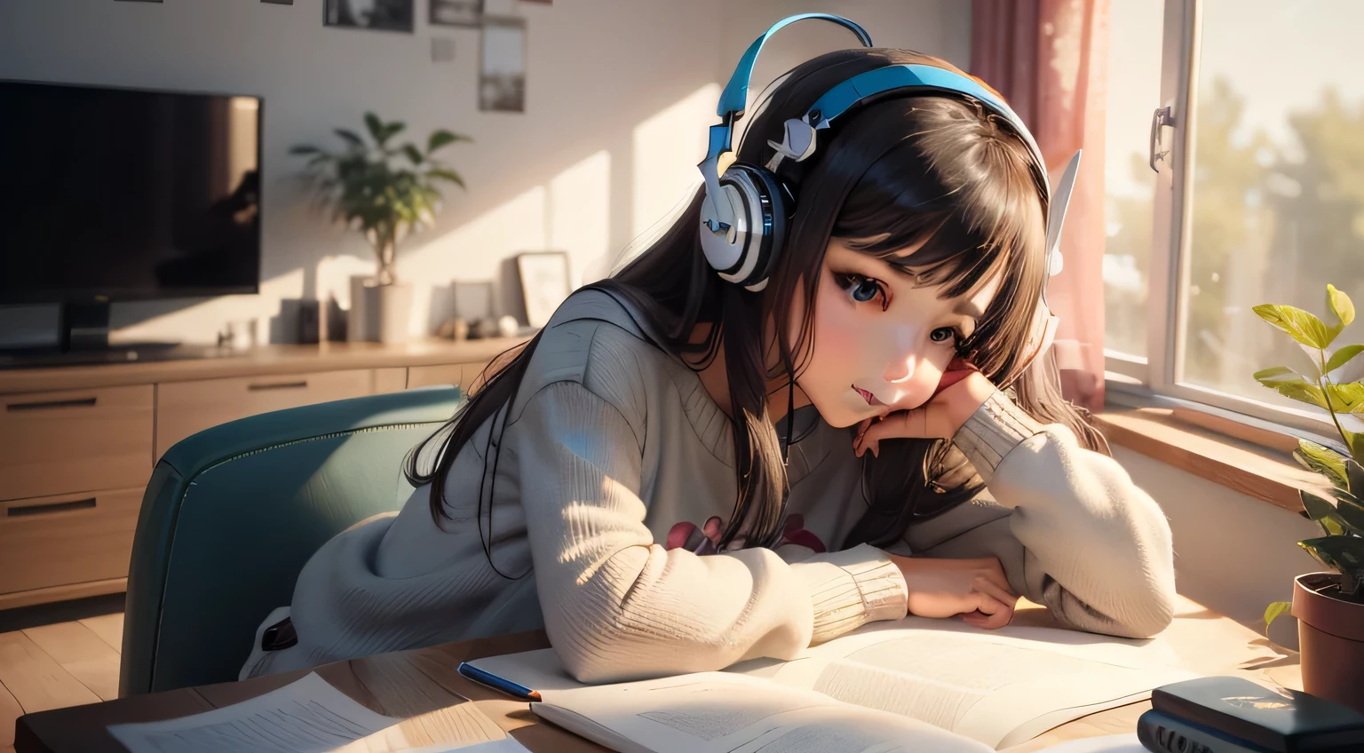 una chica hermosa, Estudiar, enfocado, escuchar música con auriculares, relajante, en tu sala de estar.