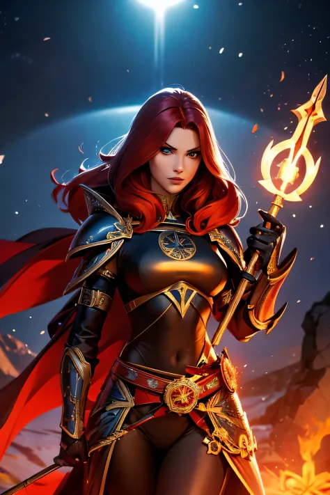 1 red hair girl Magdalena wearing holy armor and 2 pieces black suit, face focus, holding spear, holy light surrounding, digital art, comic book style, best quality, masterpiece