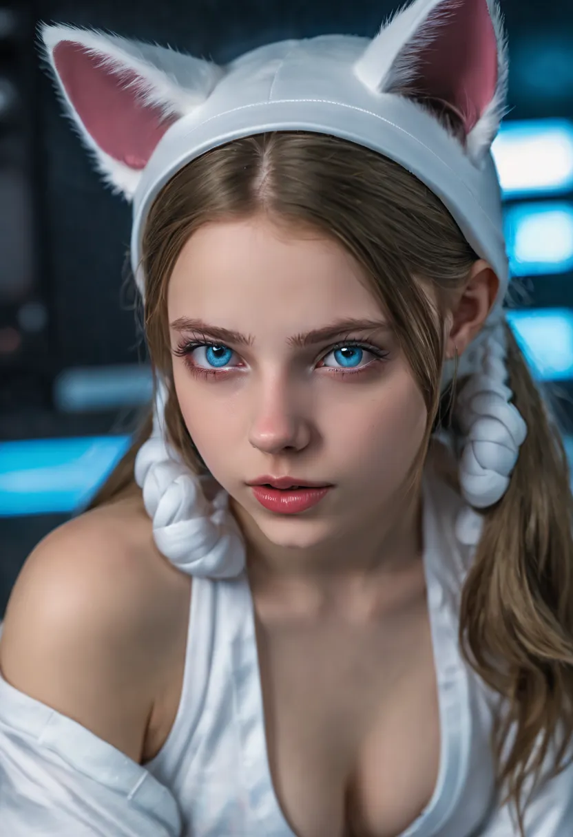 Russian girl,  auf einem Bett sitzen,  in einem Cyberpunk-Stahlbunker mit Luken usw.,  im Hintergrund. She wears white cat ears....