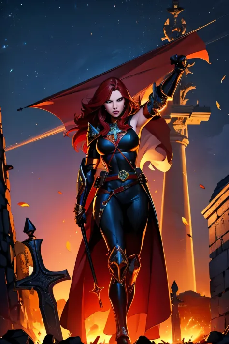 1 red hair girl Magdalena wearing holy armor and black suit, on graveyard at night, holding holy spear, solo, digital art, comic book style, top cow comics, 2D art, best quality, masterpiece

