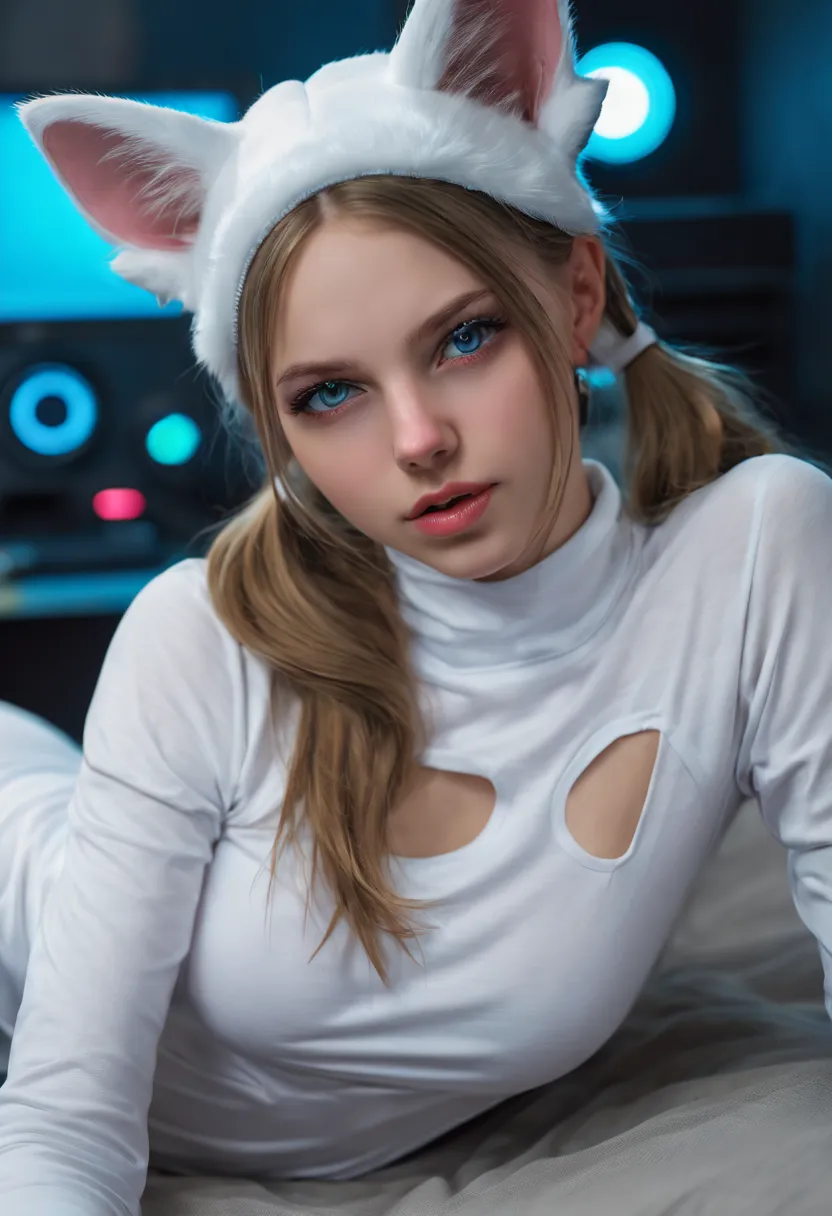 Russian girl,  auf einem Bett sitzen,  in einem Cyberpunk-Stahlbunker mit Luken usw.,  im Hintergrund. She wears white cat ears....