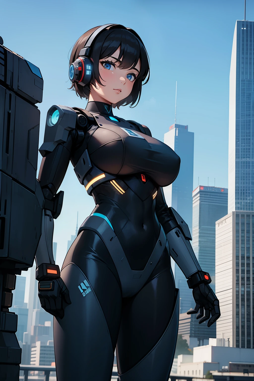 a girl in a mech suit, HUGE robotic arms, city background