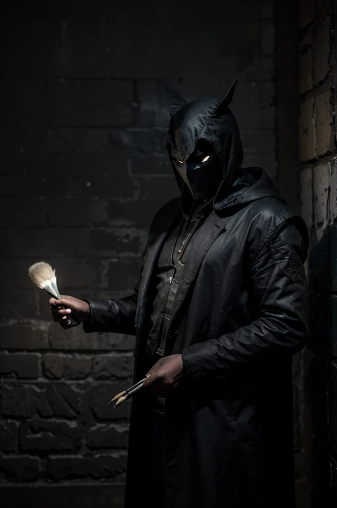 Create an image of a nocturnal character inspired by Moon Knight, but instead of the moon, he's associated with art. The character wears a dark, mysterious costume, with artistic motifs on his coat. Make sure the character's face is visible, highlighting his unique nocturnal expression. He holds a brush or pencil in one hand, ready to create art in the dark of night. The background should reflect a nocturnal atmosphere, with stars and artistic sparkles.

