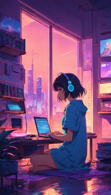 Create a high resolution artwork of lofi ,Anime Girl is programming at ...