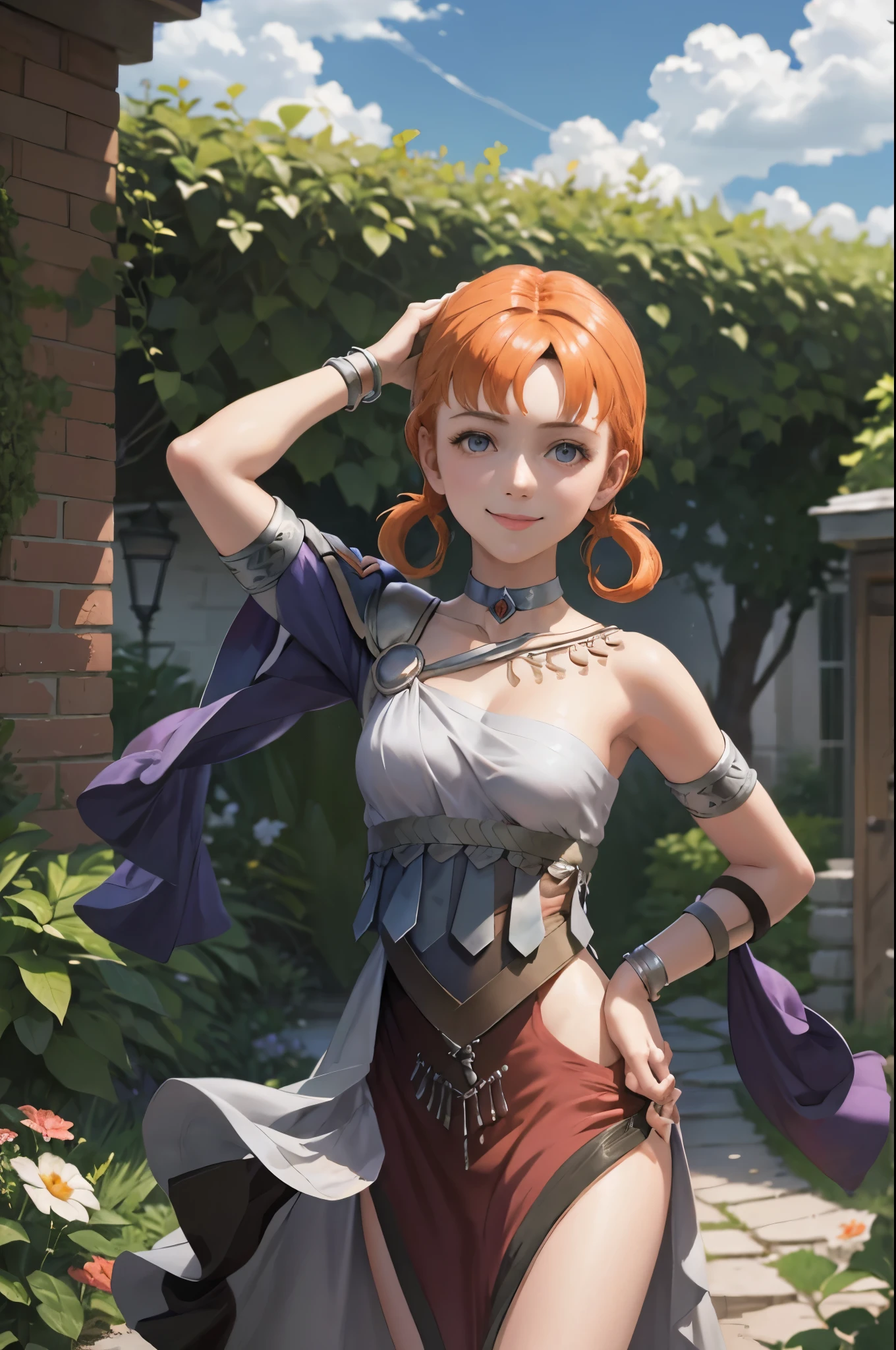 masterpiece, best quality, Annette Fantine Dominic, annetudent, orange hair, twintails, small breasts, dark purple danceroutfit, looking at viewer, smile, sky, clouds, garden, cowboy shot, 