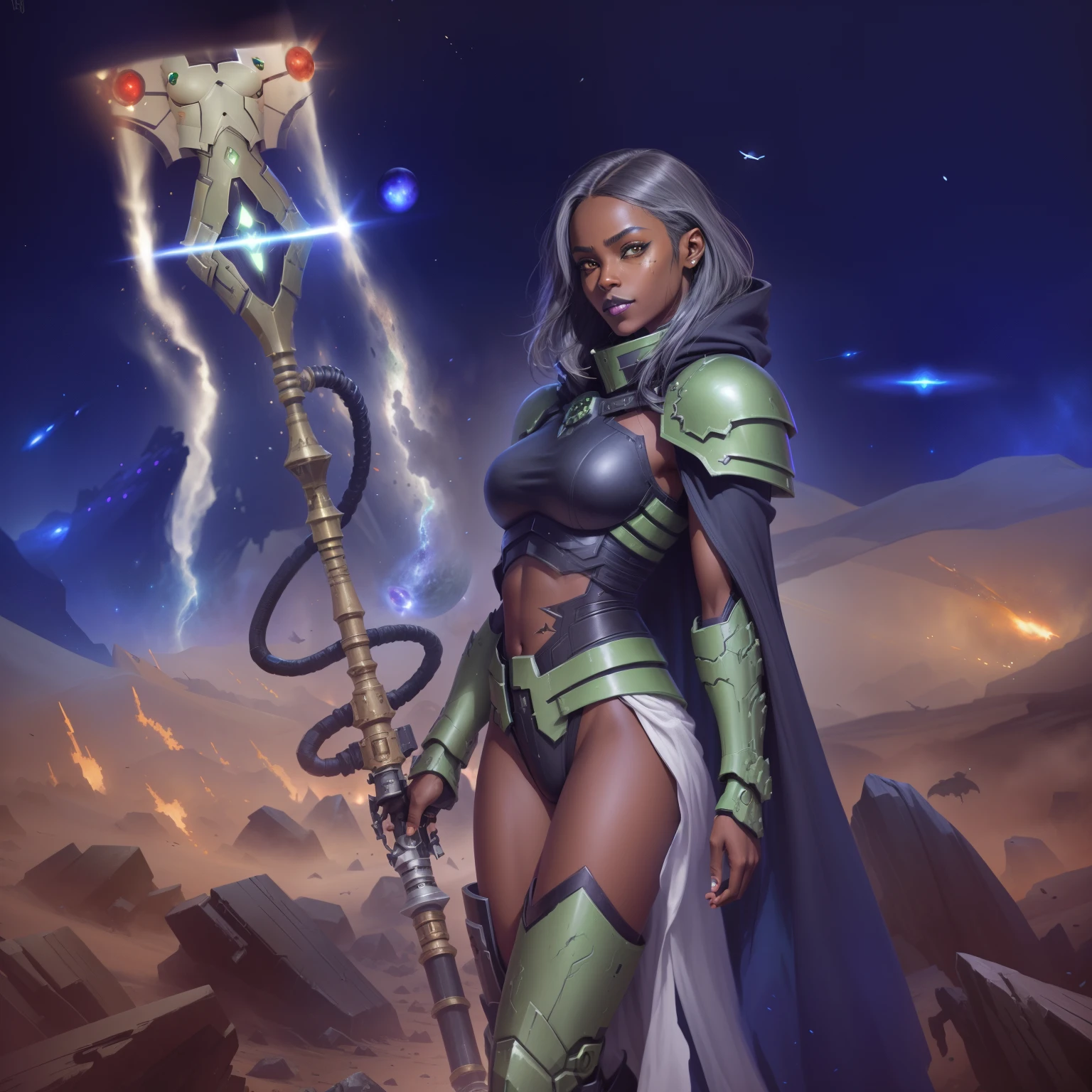 Grimdark, Warhammer 40K, full body capture, ultrarealist, Black Girl (Brown skin, green eyes, dark lips, corner smile), (fine nose:1), (Black hair:1), Wearing Howling banshee armor with Sticky midriff bodysuit, pale green armor finition gold, open dress, cape, Cosmos Background (planets, a starship, battlefield), looking camera, focus on character, blurred, By Artgerm, trends Artstation, Techpriest, Black crow hair, cyberpunk boots with strap band