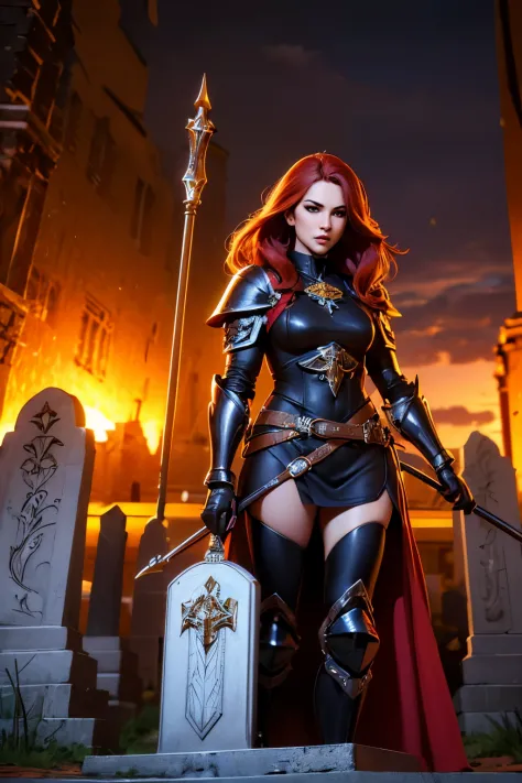 1 red hair girl Magdalena wearing holy armor and black suit, on graveyard at night, holding holy spear, solo, digital art, 3D art, best quality, masterpiece
