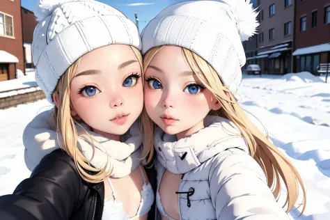 (superflat, flat shading, flat colors:1.1), (winter:1.2), (snow:1.2), (city street), 2girls, petite, loli, child, flat chest, bl...