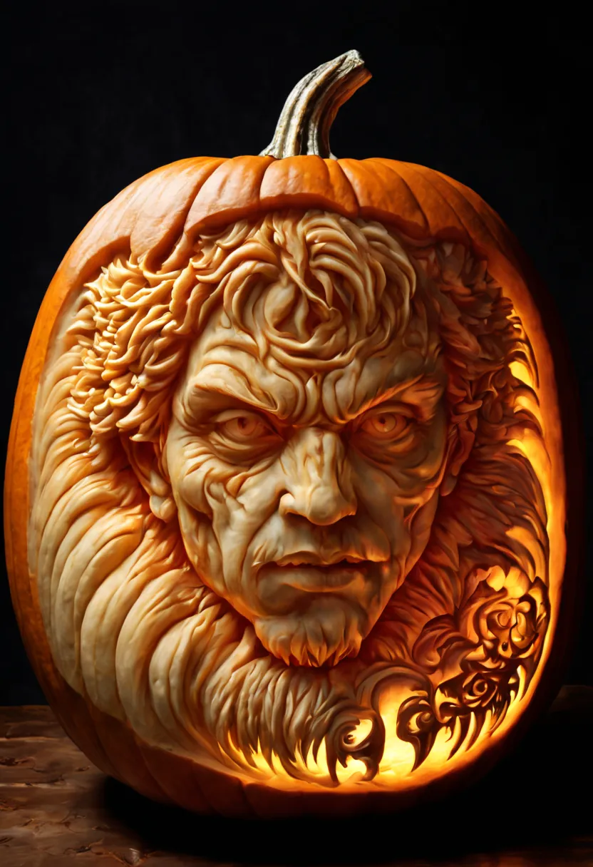 double exposure, pumpkin carving, 8k resolution, hyperdetailed, natural lighting, masterpiece, perfect, magnificent, stunning