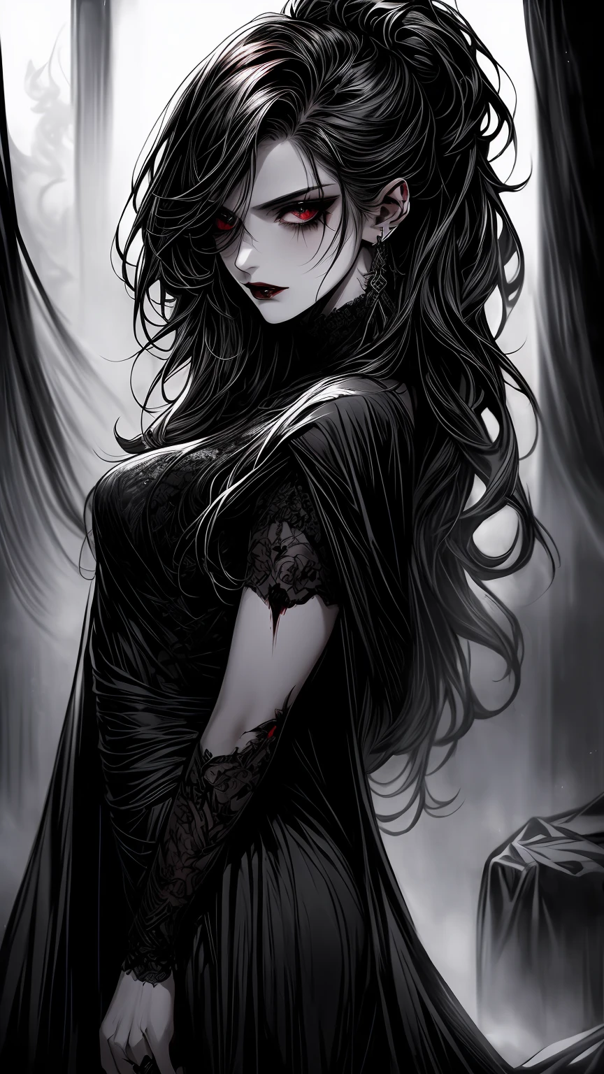 A sexy vampire in a black dress with fangs, (best quality, high-res, masterpiece:1.2), captivating eyes, seductive dark lipstick, flowing black hair, pale skin, alluring gaze, mysterious atmosphere, moonlit night, gothic setting, hauntingly beautiful, enchanting presence, blood-red nails, elegant posture, dangerous yet irresistible charm, (dramatic lighting, low-key lighting), seductive expression, intense and passionate, seductive aura, (horror style, dark art), (dramatic color grading, deep hues, crimson tones), (soft focus, ethereal glow), (vivid colors, contrasting shadows), (studio lighting, dramatic shadows), (fantasy art, dark fantasy), (sinister beauty), (detailed lace, intricate details on the dress), (subtle smoke effects, misty atmosphere), (long flowing cape), (sharp and precise details), (sensual poses), (mysterious expression), (nightmarish undertones).