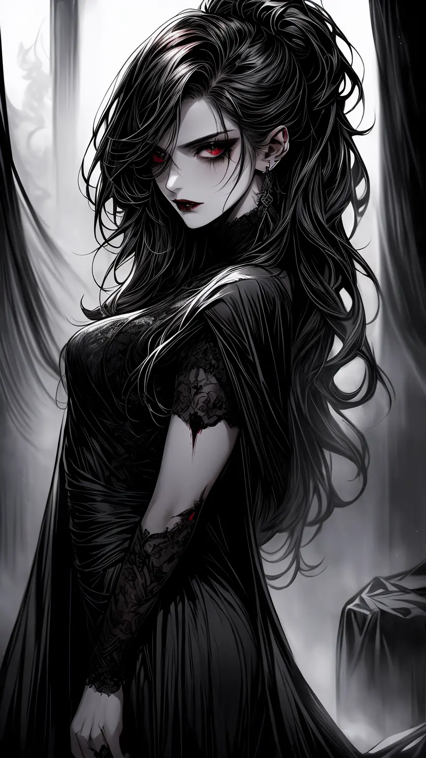 A sexy vampire in a black dress with fangs, (best quality, high-res, masterpiece:1.2), captivating eyes, seductive dark lipstick...