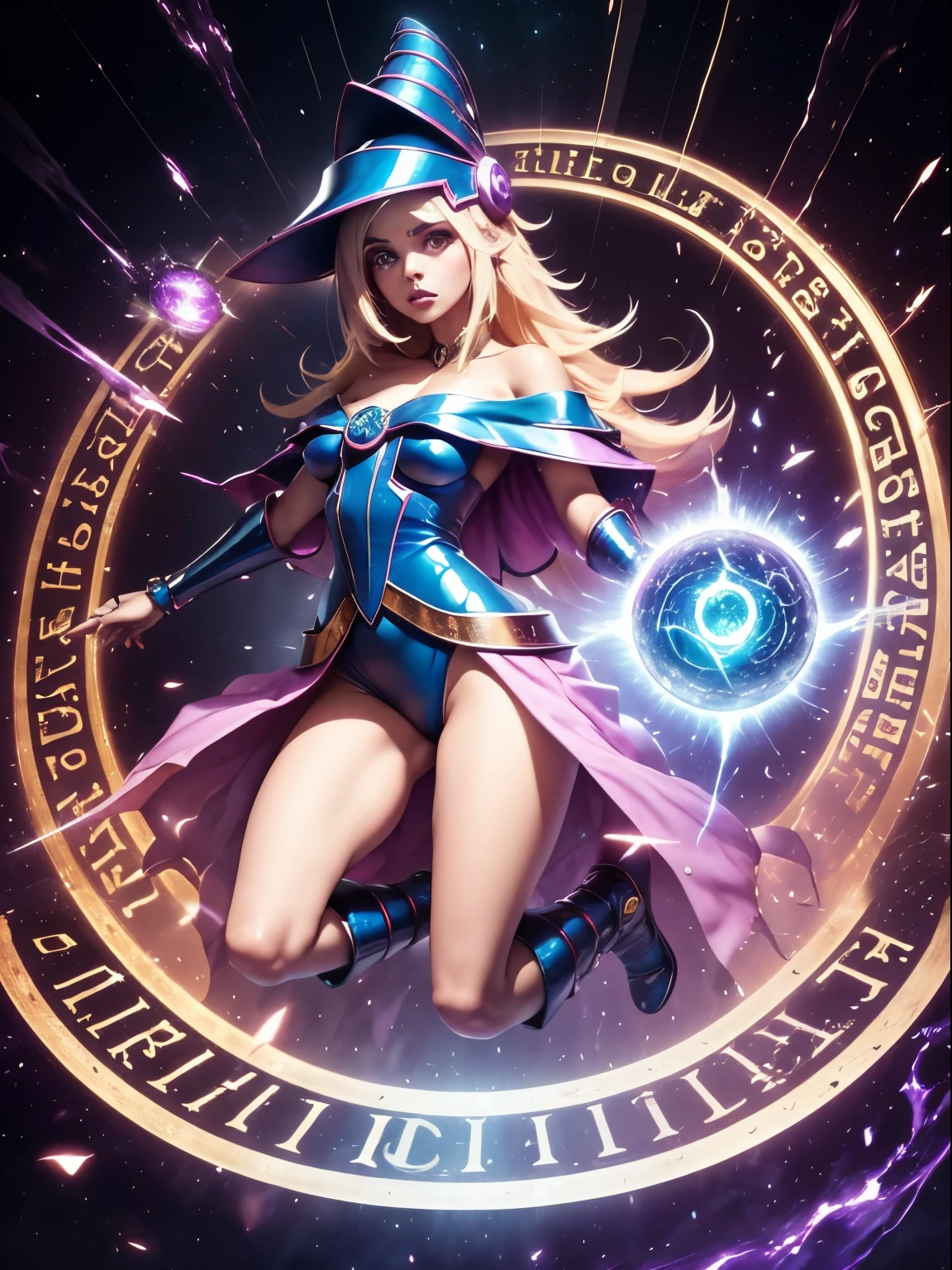 ultra-detallado, extremadamente detallado, obra maestra, la más alta calidad, la mejor calidad, absurdos, alta resolución, dark magician girl, (1 chica: 1.2), solo, cara detallada, pose dinámica, flujo de cabello, (cuerpo completo: 1.1), cabello rubio, cabello largo, mirando al espectador, ojos verdes, dentadura cutánea, piel detallada, poros de la piel, (piel brillante, piel brillante: 1.1), detalles de piel rosada, senos, esmalte de uñas de los pies, falda, calzado azul, sombrero azul, sombrero de mago,  varita, sosteniendo el sombrero, (bragas azules: 0.9), (círculo de invocación: 1.1), hexagrama, pentáculo, Pentagrama, yu gi oh!, monstruo de duelo, Campo Mágico Púrpura, resplandor, fondo detallado, fondo intrincado, Pose sujestiva y 