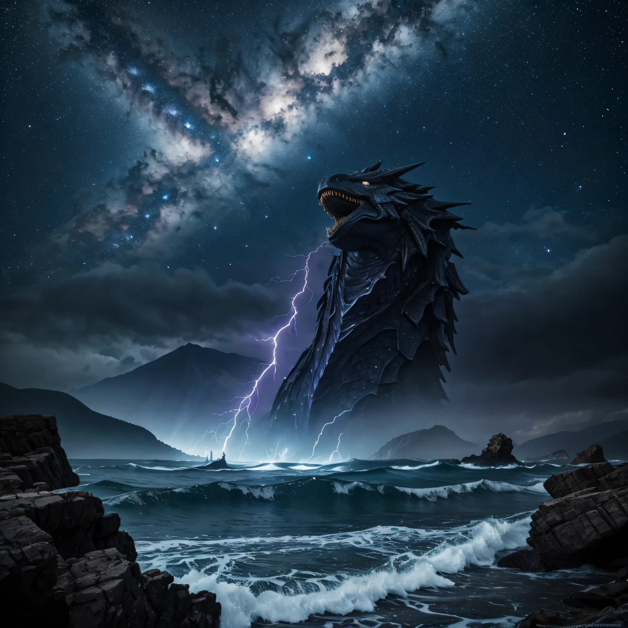 [(obra maestra: 1.1, mejor calidad: 1.1), fotografía, imponente leviatán serpiente marina dragón gigante con piel gris, cielo nocturno estrellado vía láctea, Mago elemental, neblina, plasma, neblina púrpura, ondas, montañas, fuego, iluminación, tormenta, ejército medieval en miniatura en primer plano
