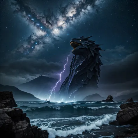 [(Masterpiece: 1.1, Best quality: 1.1), photograph, towering leviathan sea serpent dragon giant with grey skin, stary milky way ...