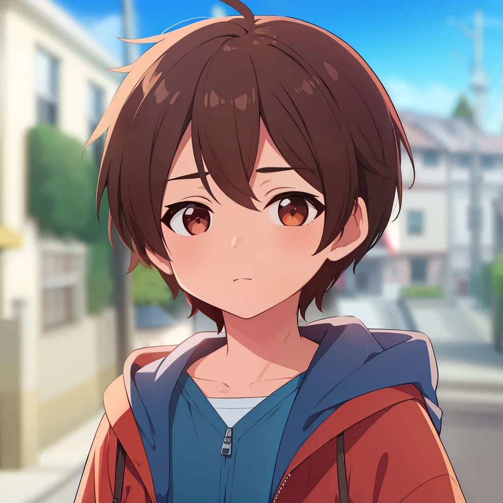 High quality, masterpiece (young boy.) Brown hair. Brown eyes. common face. Red jacket. blue clothes. against the backdrop of an ordinary street with houses.