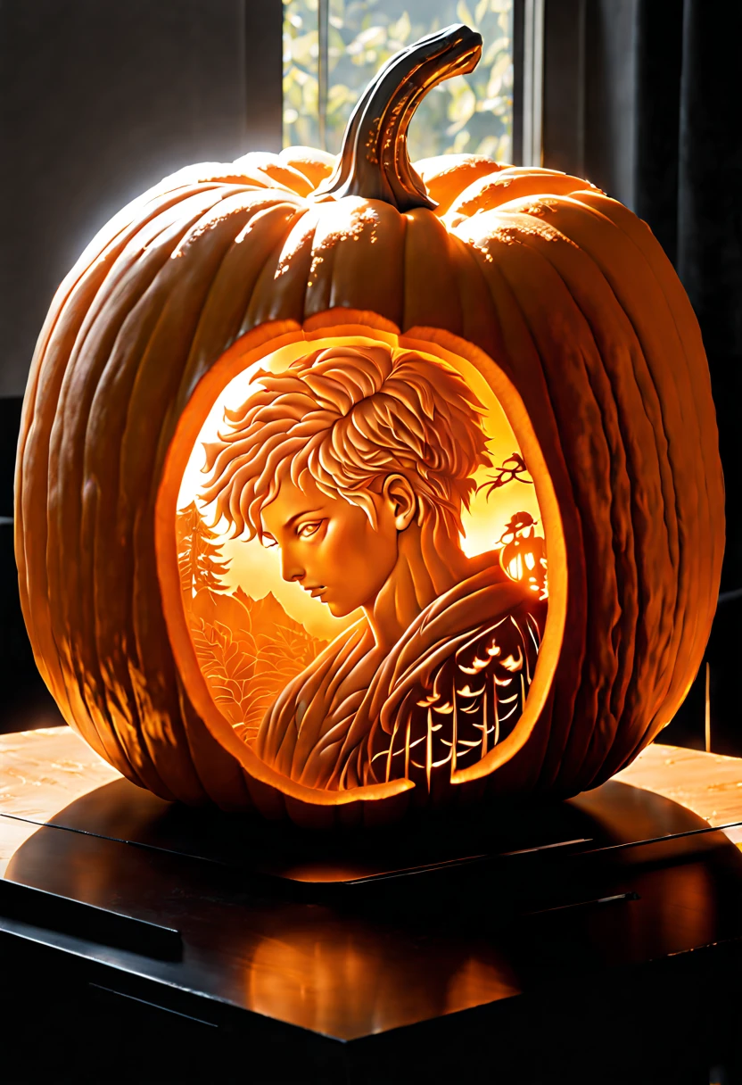 double exposure, Pumpkin Carving, 8k resolution, hyperdetailed, natural lighting, masterpiece, perfect, magnificent, stunning