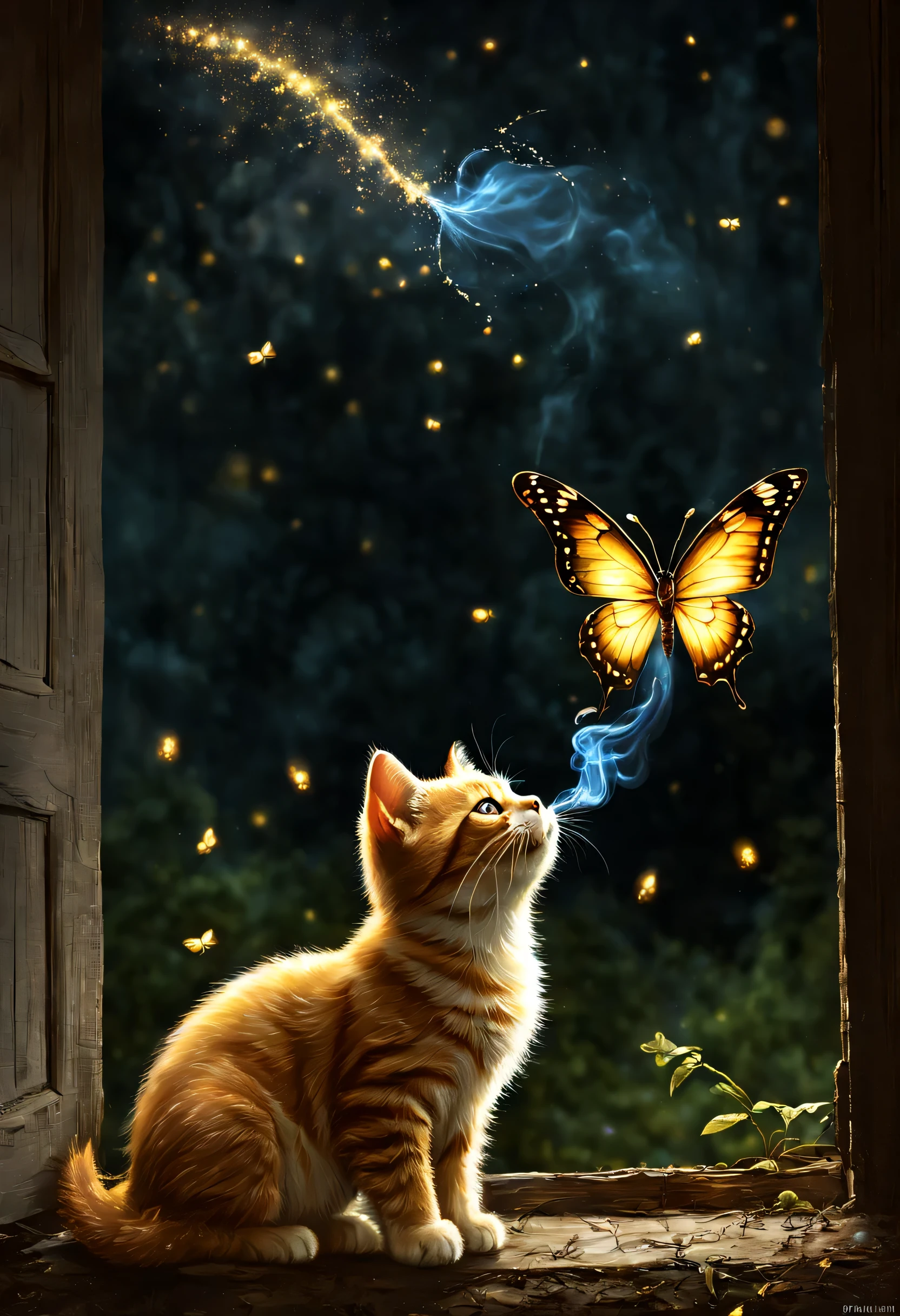 A kitten, bathed in moonlight, looking at a glowing firefly butterfly, side view, he looks up, ((magical glowing magic smoke and fireflies surround it)) 
and tiny butterflies dance around him, in the window of a village house, A magical night, strange, dreamy, Amazing, perfect anatomy, Perfect composition, 
((Golden ratio)) Art Mschiffer, Gabriele Dell'Otto, Artificial intelligence model in the middle of the road