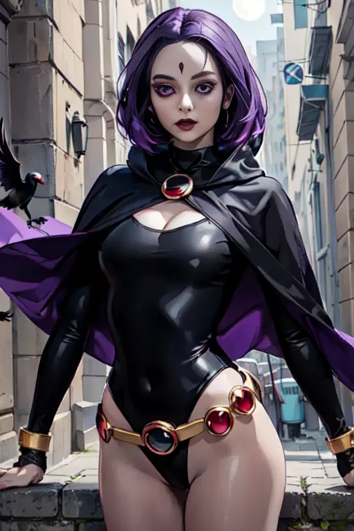 1girl, raven, rvn, hotraven,  black leotard, black cape, hood, purple hair, forehead jewel, purple eyes, short hair, belt, skin ...