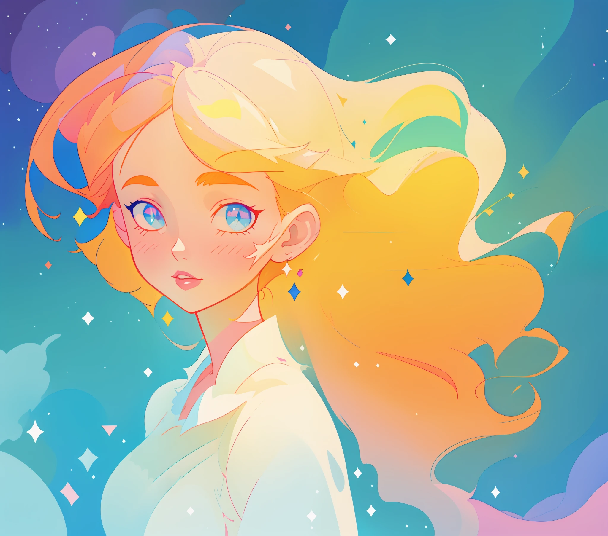 beautiful girl, flowing white gown, vibrant pastel colors, (colorful), magical lights, long flowing golden hair, inspired by Glen Keane, inspired by Lois van Baarle, disney art style, by Lois van Baarle, glowing aura around her, by Glen Keane, jen bartel, glowing lights! digital painting, flowing glowing hair, glowing flowing hair, beautiful digital illustration, fantasia background, whimsical, magical, fantasy, beautiful face, ((masterpiece, best quality)), intricate details, highly detailed, sharp focus, 8k resolution, sparkling detailed eyes, liquid watercolor