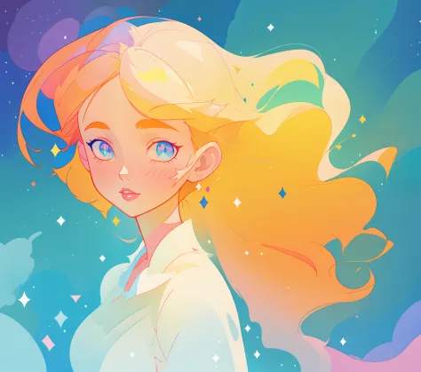 beautiful girl, flowing white gown, vibrant pastel colors, (colorful), magical lights, long flowing golden hair, inspired by Gle...