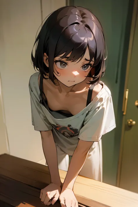 ((Masterpiece)), ((best quality)), (super detailed), dark color, Cute little girl, (scornful), (exposed breast), messy short bob, Looking away, white baggy T-shirt, printed shirt, (loose-fitting clothes), Retro, ((leaning forward,)), exposed cute bra, exte...