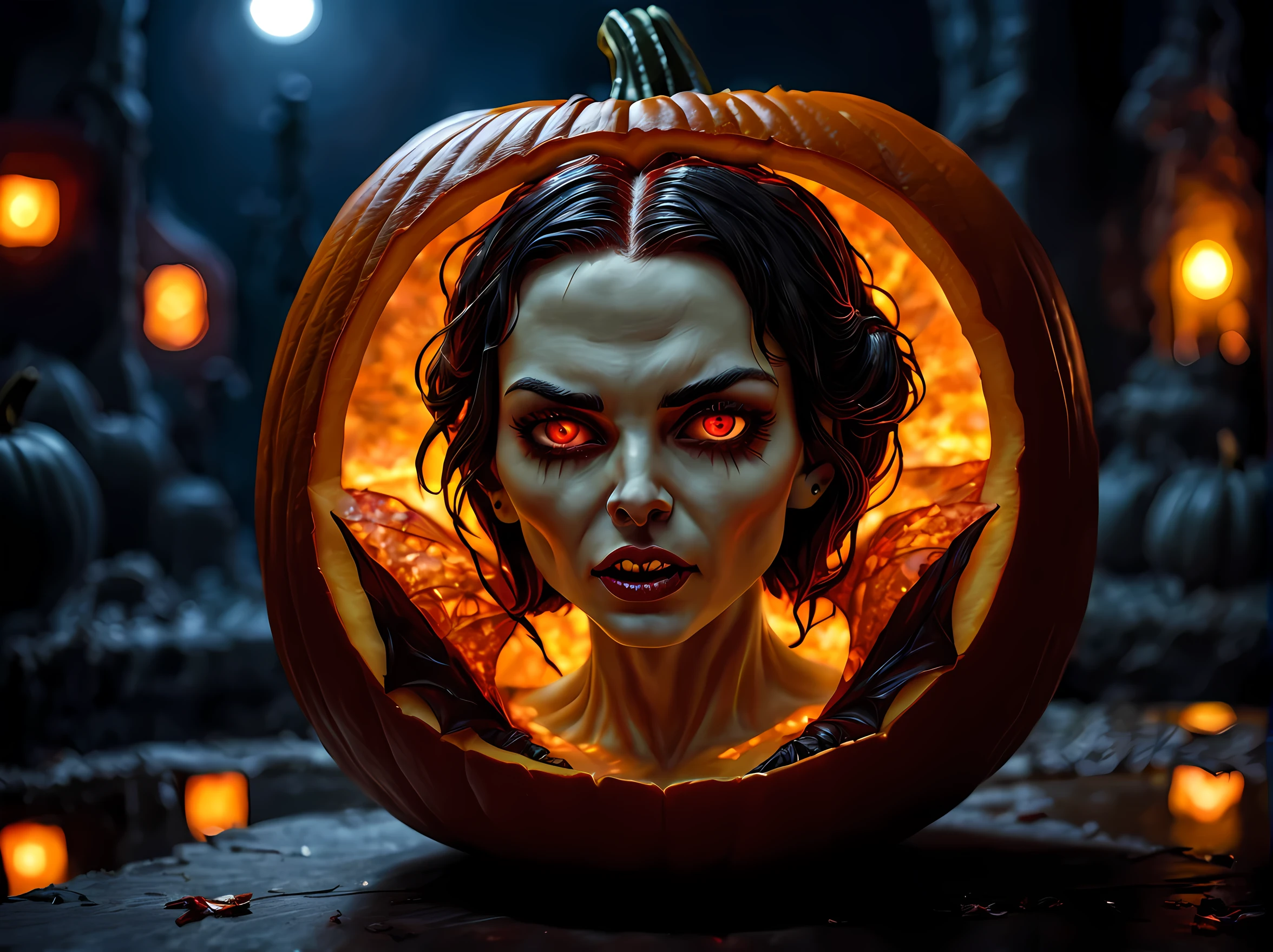 Pumpkin carved art of female vampire carved from pumpkin, glowing red eyes, reflection light, high details, best quality, 16k, [ultra detailed], masterpiece, best quality, (extremely detailed), close up, ultra wide shot, photorealistic, RAW, fantasy art, dnd art, fantasy art, realistic art,((best quality)), ((masterpiece)), (detailed), perfect face