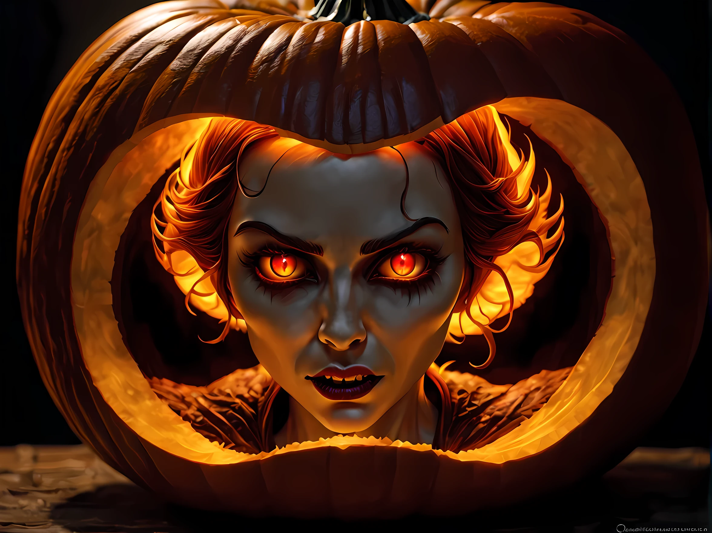 Pumpkin carved art of female vampire carved from pumpkin, glowing red eyes, reflection light, high details, best quality, 16k, [ultra detailed], masterpiece, best quality, (extremely detailed), close up, ultra wide shot, photorealistic, RAW, fantasy art, dnd art, fantasy art, realistic art,((best quality)), ((masterpiece)), (detailed), perfect face