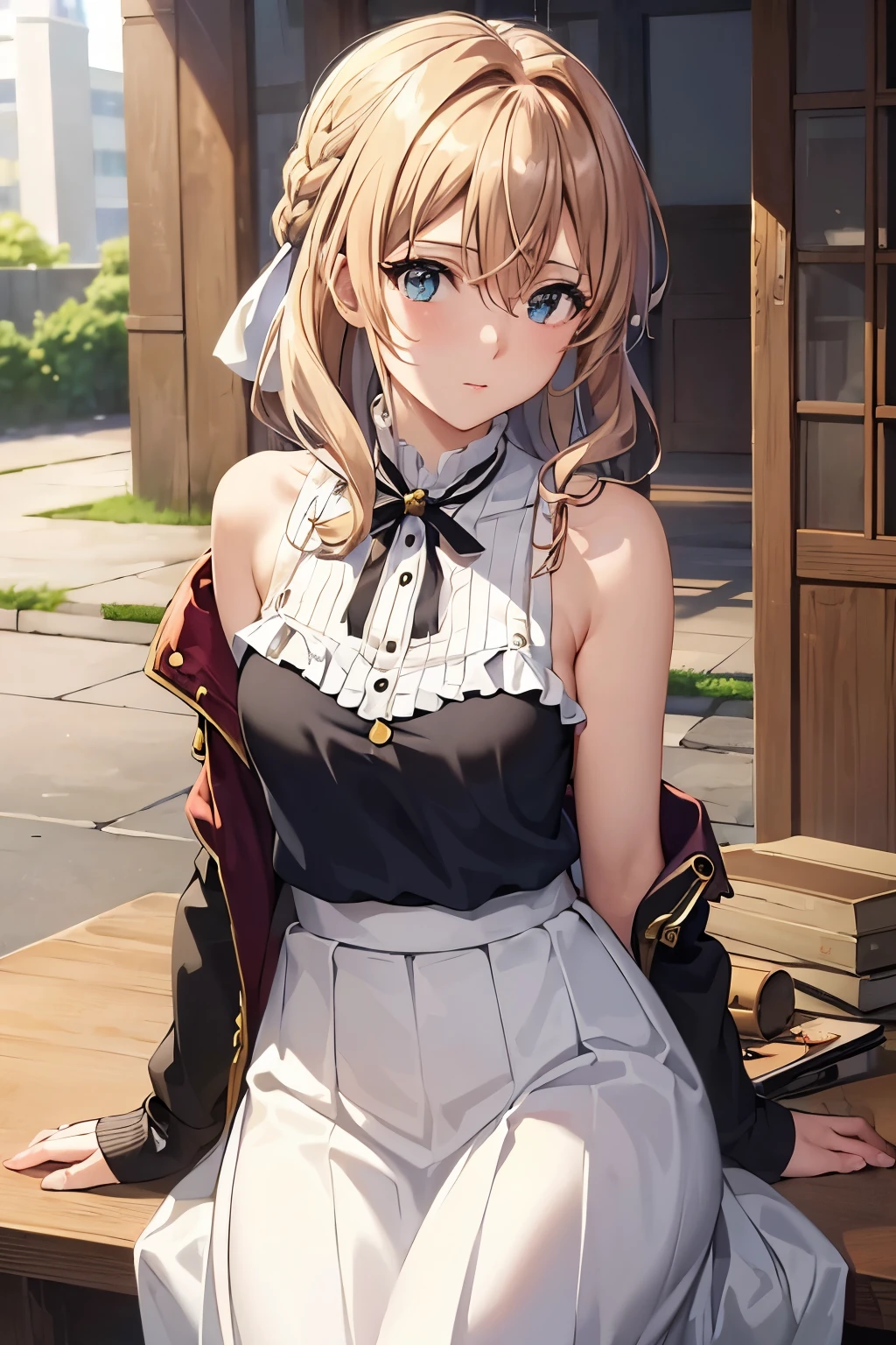 masterpiece, highest quality, ultra high resolution, highest quality, anime style, best writing, beautiful face, violet evergarden,table top, highest quality, 1 girl, alone, blonde hair, blue eyes, hair between eyes, looking at the viewer, ribbon, 赤いribbon, Braid, ヘアribbon, (black t-shirt:1.3), (white long skirt:1.3), (jacket shoulder:1.3), jewelry, bangs, outdoor, brooch, hair intake, Anime coloring book, closed mouth, portrait, Day Grastry Detailed CG, ( perfect anatomy), Life、Detailed CG, ( perfect anatomy), Life感, city background