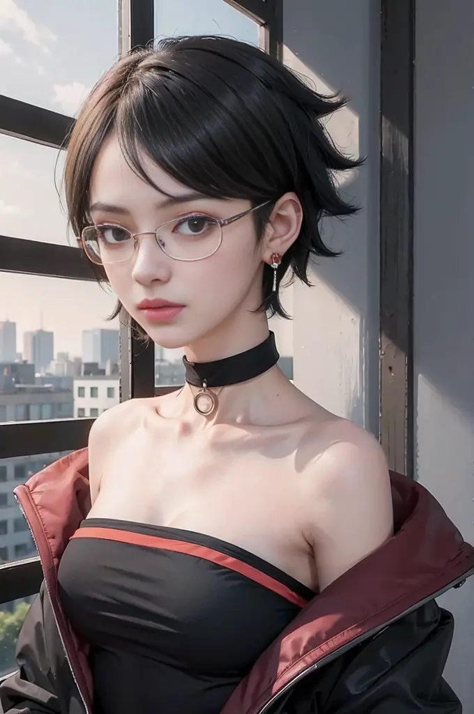 young woman, white skin, short black hair with side bangs, black eyes, glasses, buttoned nose, peach lips, black clothes, earrin...