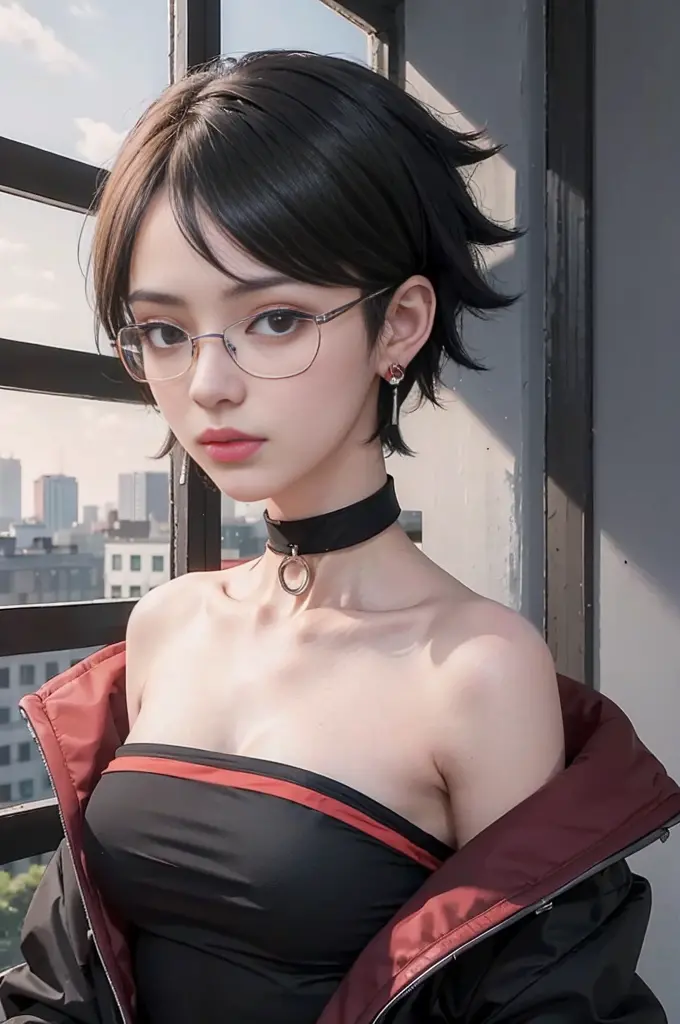 young woman, white skin, short black hair with side bangs, black eyes, glasses, buttoned nose, peach lips, black clothes, earrin...