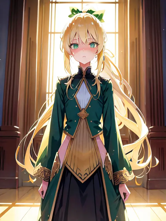 Loli, flat chest, full body, sun rays, dust particles, blonde hair, green eyes, low ponytail, parted bangs, sweating, grand hall...