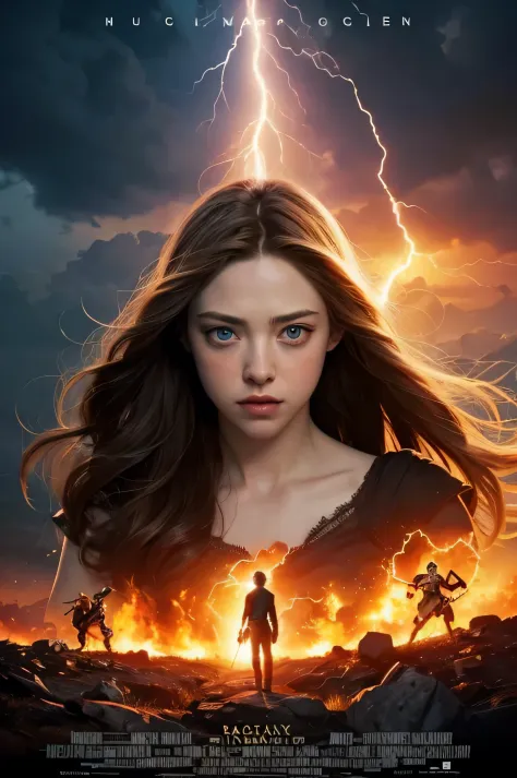 logan lerman and amanda seyfried, movie, epic, movie poster, adventure, fantasy, greek mythology, fire and lightning