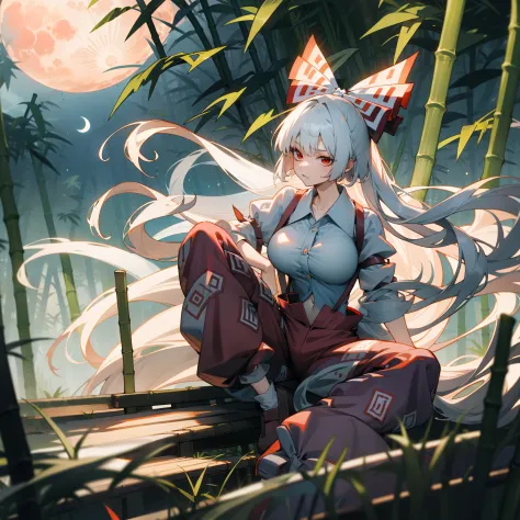 fujiwara no mokou(from touhou) in bamboo forest. she has big tits. she has white hair, red eyes.  she's wearing a white shirt, s...