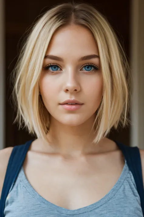 1girl, young, (full body photo), blond hair, short hair, dark blue eyes, detailed face