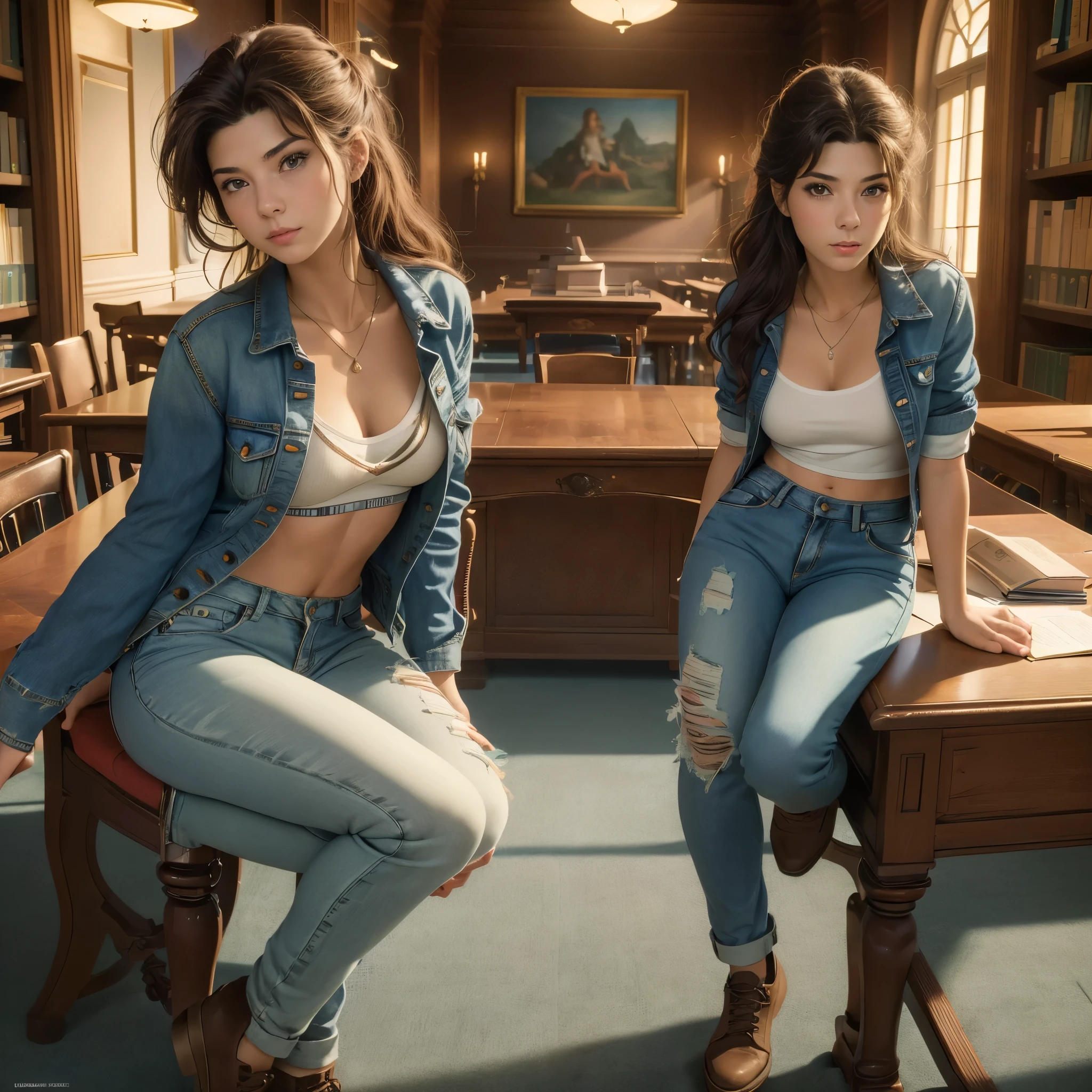 (best quality,4k,8k,highres,masterpiece:1.2),ultra-detailed, Female Italian American student, in college library, jeans, m4r1s4t, HDR, 8k, absurdres, cinestill 800, sharp focus