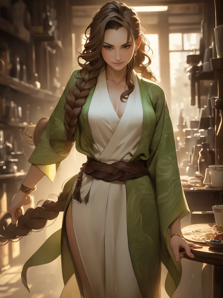 (femme caucasienne, femelle, Cheveux châtains courts, cheveux tressés, peau pâle, yeux marrons, solo portrait, Seins naturels) Kimono vert, kimono fluide vert, vêtements verts, tout le corps, souriant, regarder le spectateur, debout à l&#39;intérieur, bon éclairage, jour, à l&#39;intérieur de la taverne, Meilleure qualité)), art par Greg Rutkowski