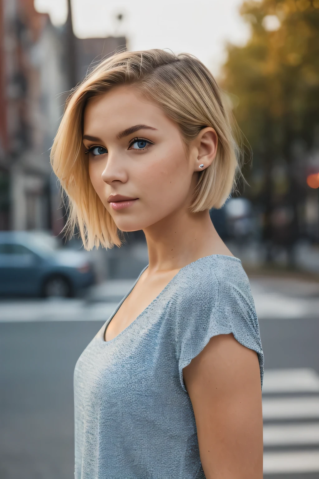 1girl, young, (((full body photo))), blond hair, short hair, dark blue eyes, (detailed face), (((side of face))), walking